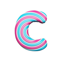 Sweet alphabet letter C. Christmas font made of pink and blue spiral striped lollipop. 3D render isolated on white background.