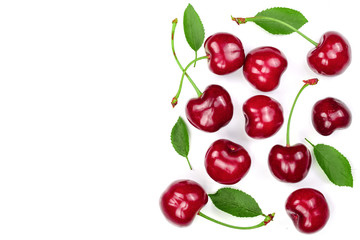 Sweet red cherries isolated on white background with copy space for your text. Top view. Flat lay pattern