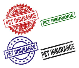 PET INSURANCE seal prints with damaged style. Black, green,red,blue vector rubber prints of PET INSURANCE label with scratched style. Rubber seals with circle, rectangle, rosette shapes.