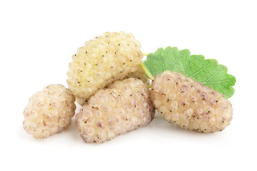 Fresh ripe white Mulberry berry with leaf isolated on white background macro