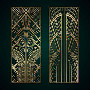 Gold Art Deco Panels On Dark Green Background