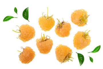 Yellow raspberries isolated on white background. Top view. Flat lay pattern