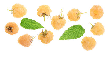 Yellow raspberries with leaf isolated on white background with copy space for your text. Top view. Flat lay pattern