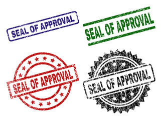 SEAL OF APPROVAL seal prints with corroded surface. Black, green,red,blue vector rubber prints of SEAL OF APPROVAL tag with scratched surface. Rubber seals with round, rectangle, medallion shapes.