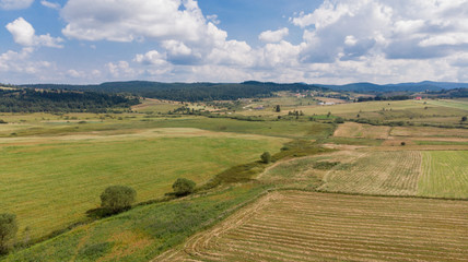 Fototapeta premium landscape of fields and mountains in distance on sunny day 
