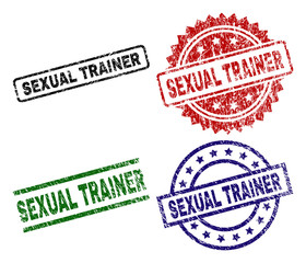 SEXUAL TRAINER seal imprints with corroded surface. Black, green,red,blue vector rubber prints of SEXUAL TRAINER tag with dust surface. Rubber seals with round, rectangle, medal shapes.