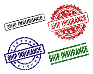 SHIP INSURANCE seal imprints with corroded style. Black, green,red,blue vector rubber prints of SHIP INSURANCE label with corroded style. Rubber seals with circle, rectangle, medal shapes.