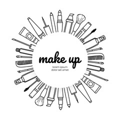 Make up artists logotype. Different types of cosmetics in the circle. Beauty salon. Design template. Black and white doodle illustration