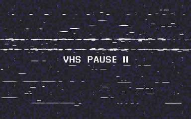 Glitch VHS on black background. Old tape effect. Glitched lines noise. Video recorder pause. Retro backdrop. Vector illustration