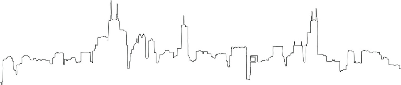 Single line outline drawing of the full Chicago skyline, including all the famous landmark towers. Hand drawn vector illustration.