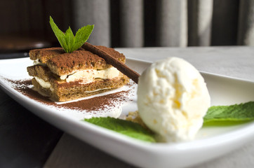 Tiramisu with Mint Leaf and Ice Cream