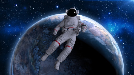 Astronaut floating back above planet Earth, cosmonaut drifting in space, 3D rendering