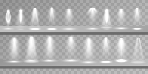 Scene illumination different shapes and projections collection, transparent special effects. Bright lighting with spotlights.