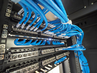 Network wire cable in rack cabinet