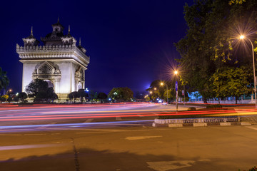 Fototapeta na wymiar Patuxay Vientiane laos, night cityscape with long exposure