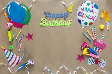 Happy birthday decoration with candles,  paper decor, felt banner.