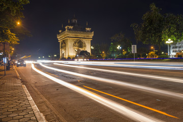 Patuxay Vientiane laos, night cityscape with long exposure