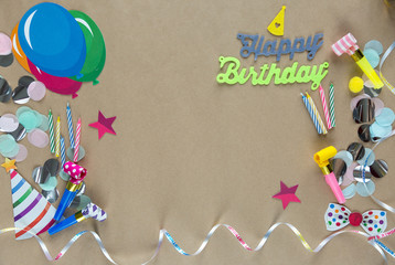 Happy birthday decoration with candles,  paper decor, felt banner.