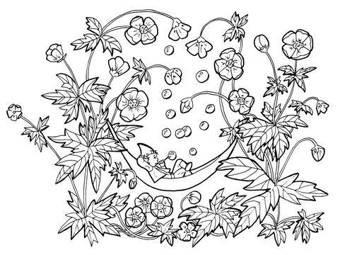 Vector Drawing Of Funny Gnome In Hammock Blowing Bubbles In Anemone Flowers. Black And White Cartoon Clip Art Illustration, Doodle Hand Drawn Graphic 