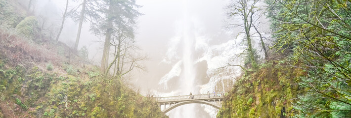 Fototapeta premium Panorama lodowata Multnomah Falls w okresie zimowym. Jest to wodospad po stronie Oregon rzeki Columbia River Gorge, wzdłuż Historic Columbia River Highway. Naturalne i sezonowe tło wodospadu