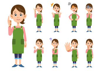 エプロンをつけた女性の9種類の仕草と表情_全身