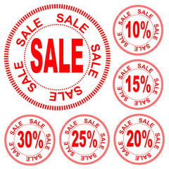 red inscription "sale" in the circle, figures for the discount 10%, 15%, 20%, 25%, 30%, vector in one style