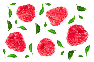 raspberries isolated on white background. Top view. Flat lay pattern