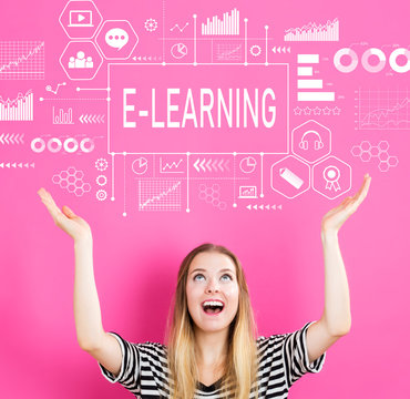 E-Learning with young woman reaching and looking upwards