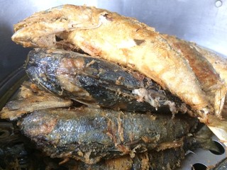 Fried mackerel in pot for eating with vegetable chili paste, food of Thailand.