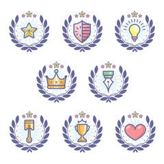 Fototapeta na wymiar Achievement badges for awards or applications. Set of soft colour badges and label logo graphics. Design elements, business signs, labels, logos, circle design with gear.