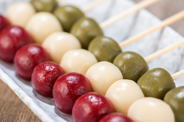 The cooking step of making Japanese Dango dessert with 3 different color in pink(red), white, and green, recipe, hanami Dango, tsukimi Dango, copy space