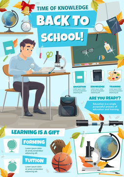 Education tips poster with student, class supplies
