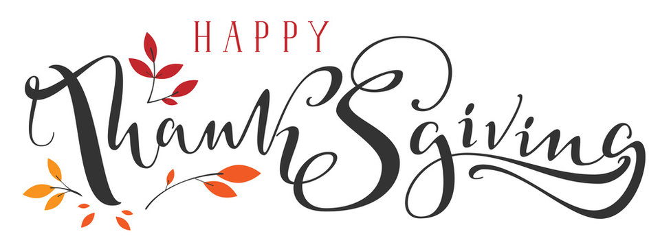 Happy Thanksgiving ornate hand written calligraphy text and fall leaf