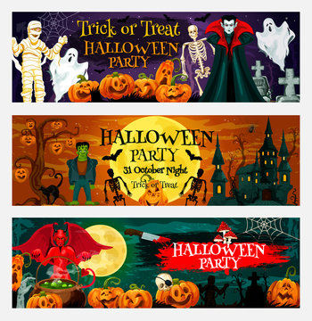 Halloween party invitation banner with pumpkin