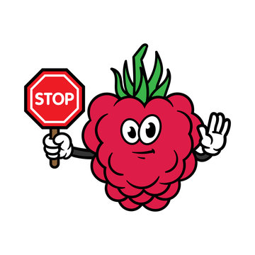 Cartoon Raspberry Character With Stop Sign