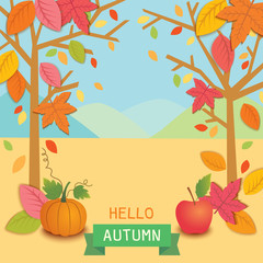 Illustration vector of Hello Autumn background frame template design with pumpkin, apple and maple leafs
