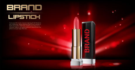 cosmetic red lipstick ads with red background and golden powder elements in 3d illustration.