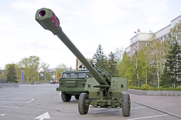 Russian military equipment close-up. In the city. Peace time. Artillery gun