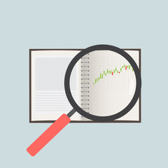 Magnifying glass search for investment on business book