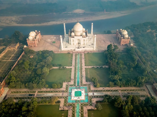 Aerial view of Taj Mahal in Agra India covered with morning fog