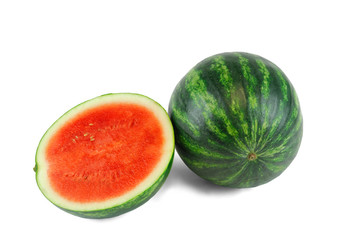 seedless watermelon and cut in half on white background