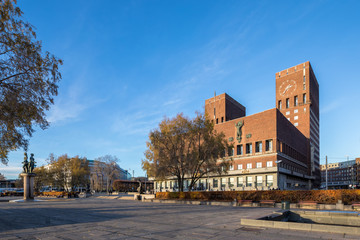 Oslo City Hall seen from nearby park.
