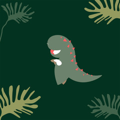 flat design of kid character in t rex mascot dress, green jurassic theme