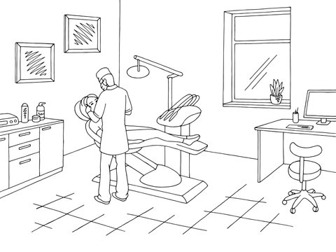 Dentist Office Clinic Graphic Black White Sketch Illustration Vector. Doctor Working