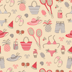Beach Pattern with Flip-flops, Ice Cream, Cocktail, Swimwear and Other.