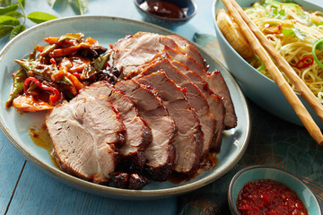 Plate of carved sliced Chinese char siu