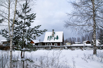 Russian village and wooden house in it in a winter