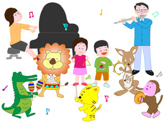 家族と動物たちのコンサート。