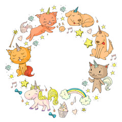 Vector unicorns. Caticorn. Cat, dog, pony with horn and rainbow. Fantasty vector icons. Cute kindergarten pattern for little children. Princess fairy tale.