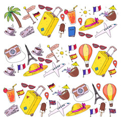 Vector pattern with travel icons. Get ready for adventures and travel. Great vacation, holidays. Hot air balloon, suitcase, airplane.